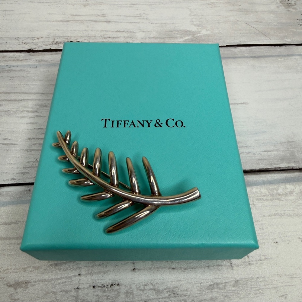 Tiffany & Co Silver Leaf Brooch Sterling 2.25" Palm Frond Pin 925 + Box